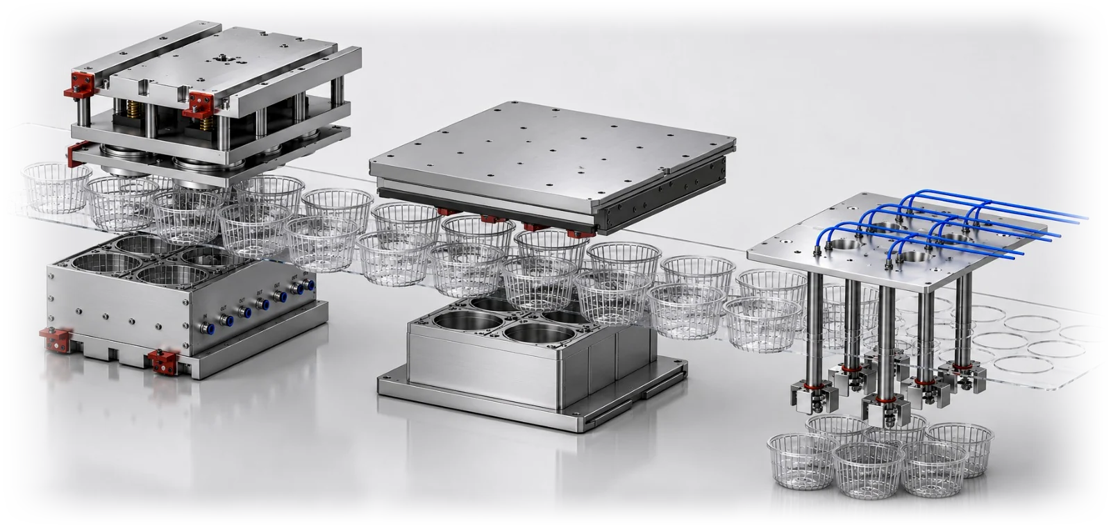 A Yong Heng multi-station line: pressure forming mold, punch and die, and stacker, with the formed cups.