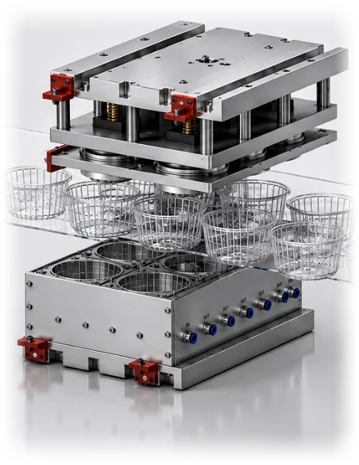 A Yong Heng pressure forming mold, open, with the formed cups between its two halves.