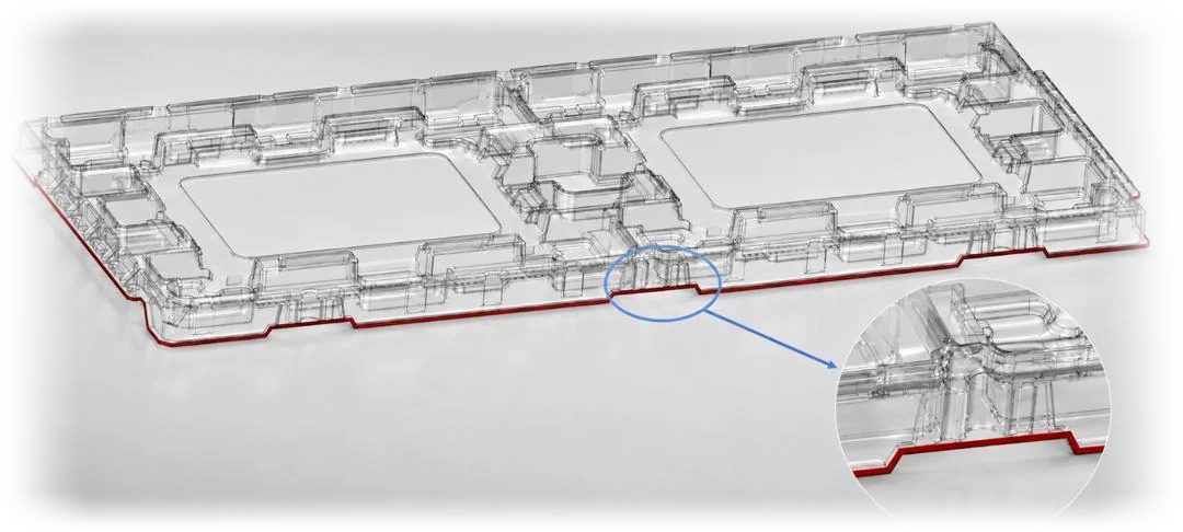A formed tray with its 3D trim line marked in red and a detail callout on the cut edge.