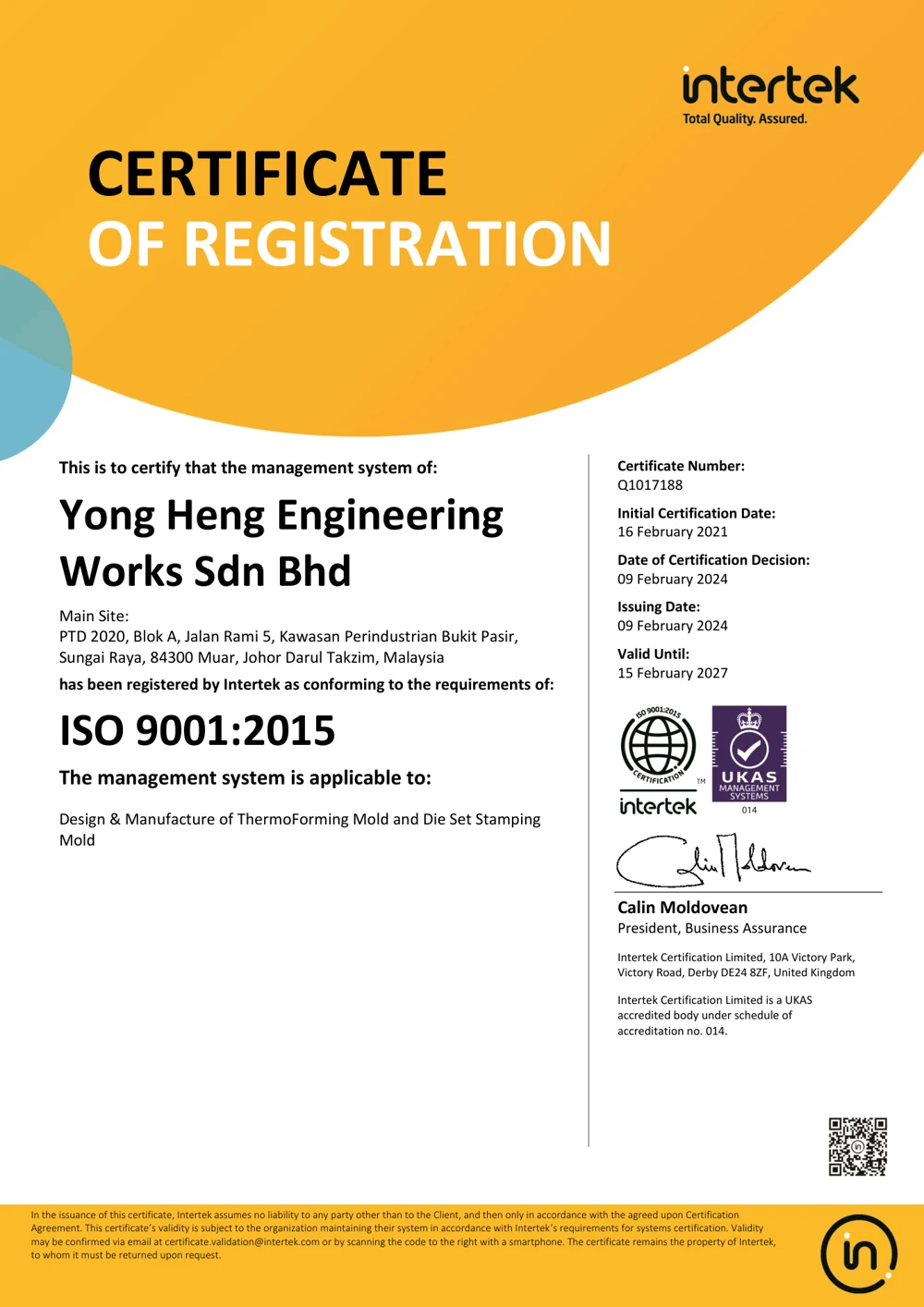 Intertek certificate of registration: Yong Heng Engineering Works Sdn Bhd, ISO 9001:2015.